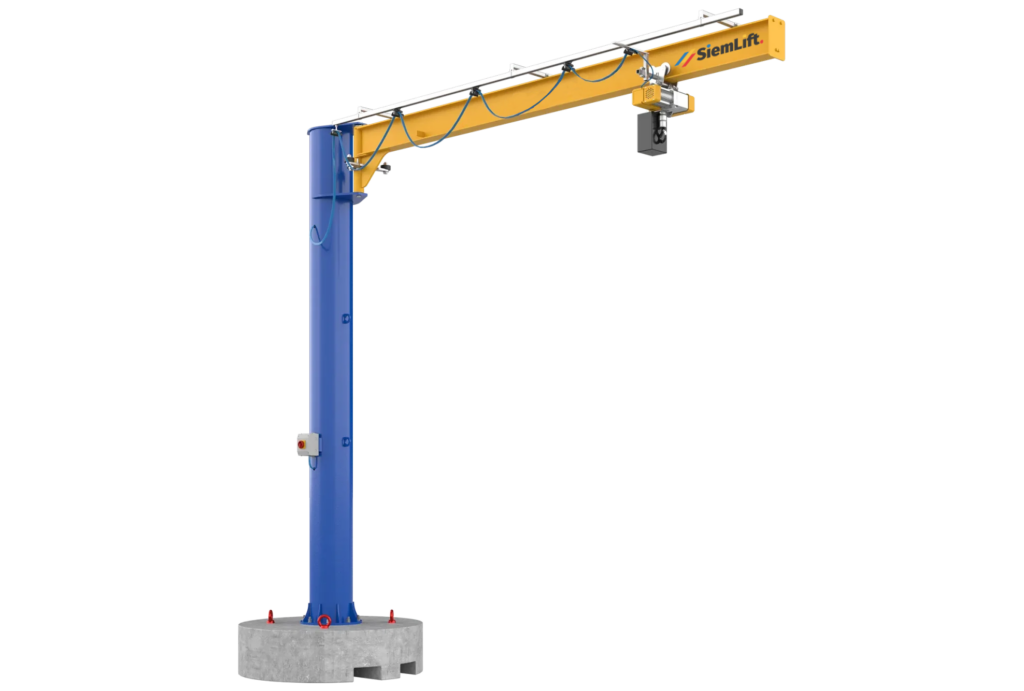 Gru industriale Siem Lift con braccio a sbalzo e plinto mobile per movimentazione carichi.