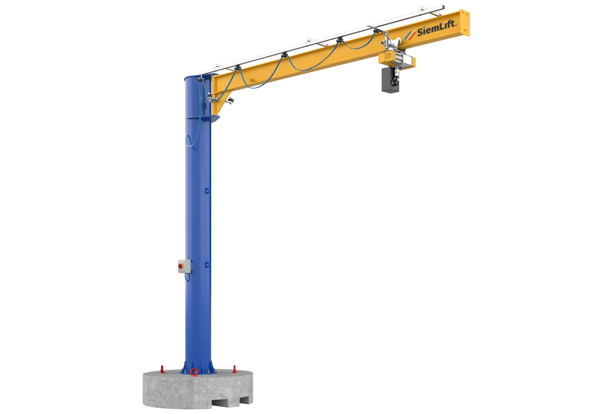 Gru industriale Siem Lift con braccio a sbalzo e plinto mobile per movimentazione carichi.